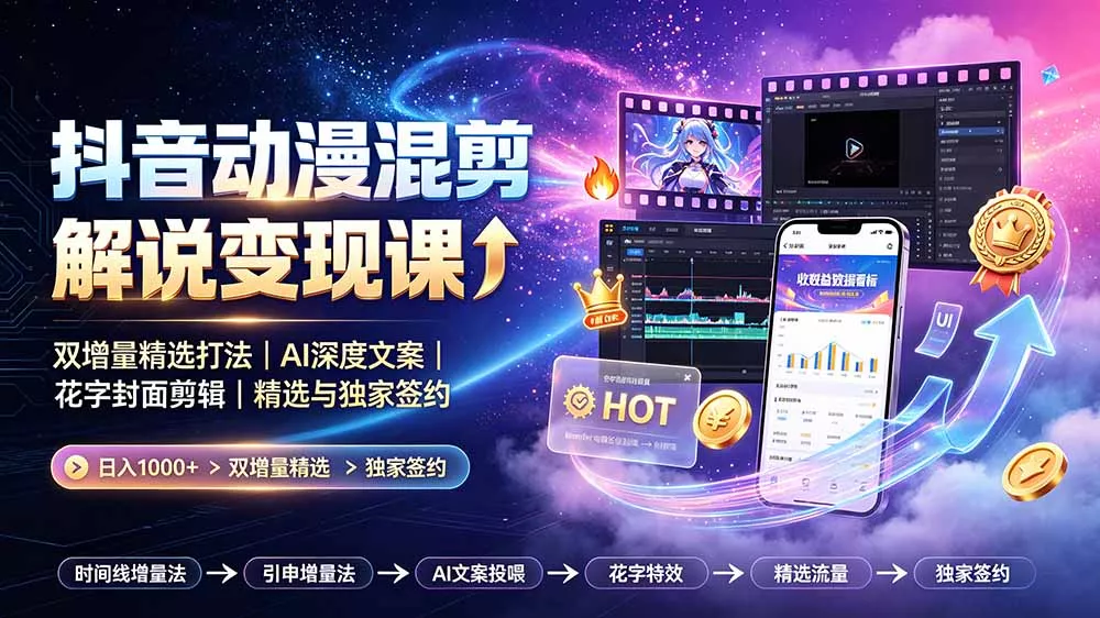 抖音动漫混剪解说变现课:双增量精选打法|AI深度文案|花字封面剪辑| 精选与独家签约日入1000+-知峰社
