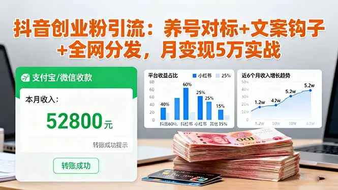 抖音创业粉引流：养号对标+文案钩子+全网分发，月变现5万实战-知峰社