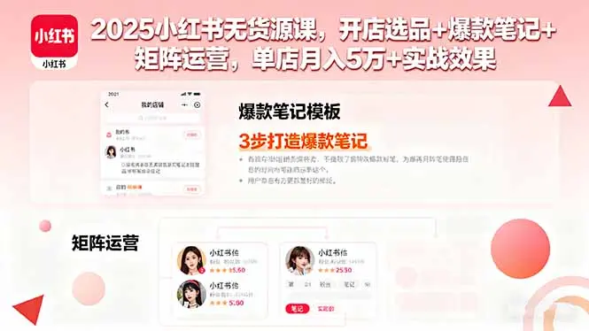 2025小红书无货源课,开店选品+爆款笔记+矩阵运营,单店月入5万+实战效果-知峰研习社