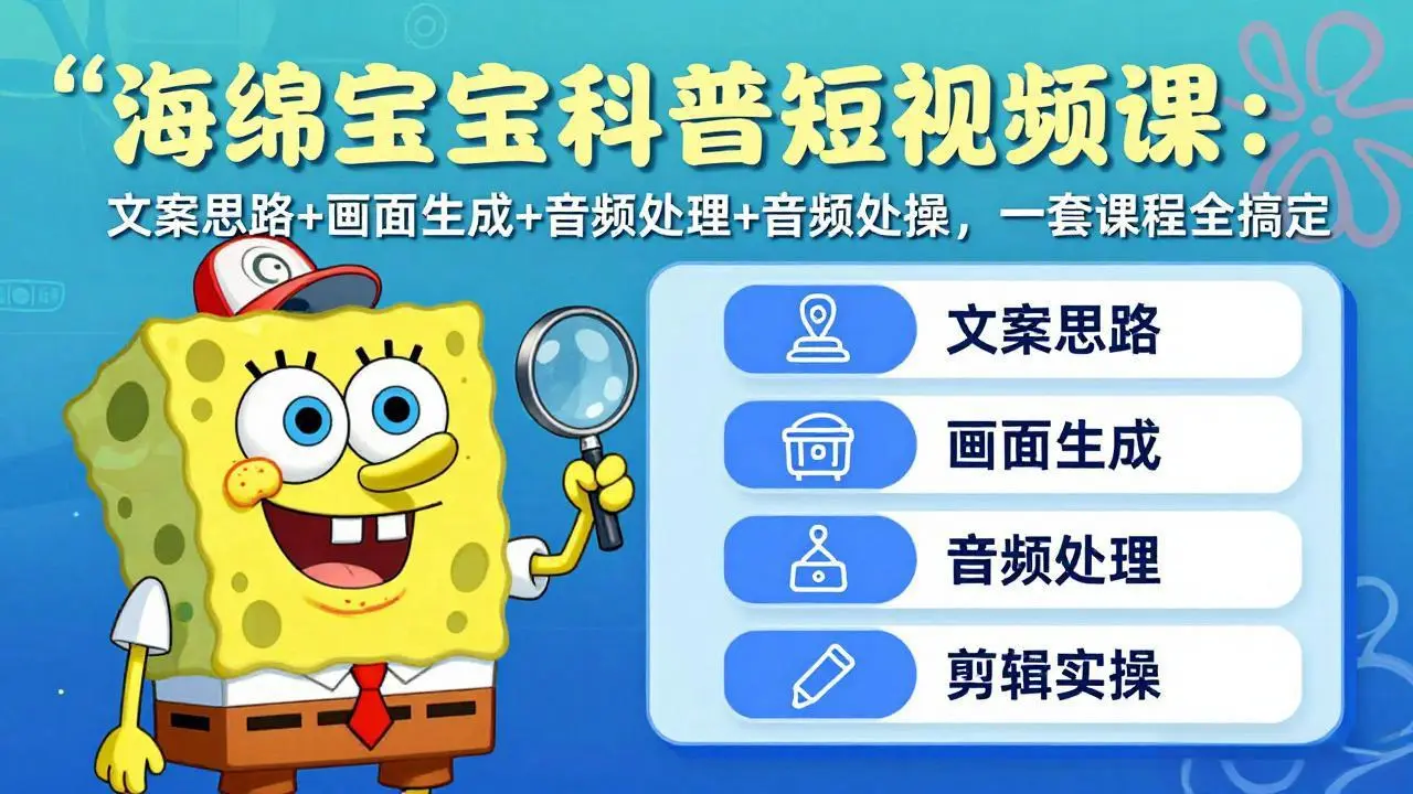 海绵宝宝科普短视频课：文案思路+画面生成+音频处理+剪辑实操，一套课程全搞定-知峰研习社