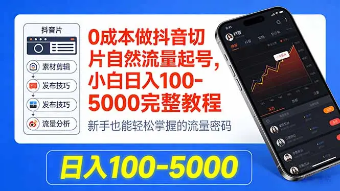 0成本做抖音切片自然流量起号，小白日入100-5000完整教程-知峰社