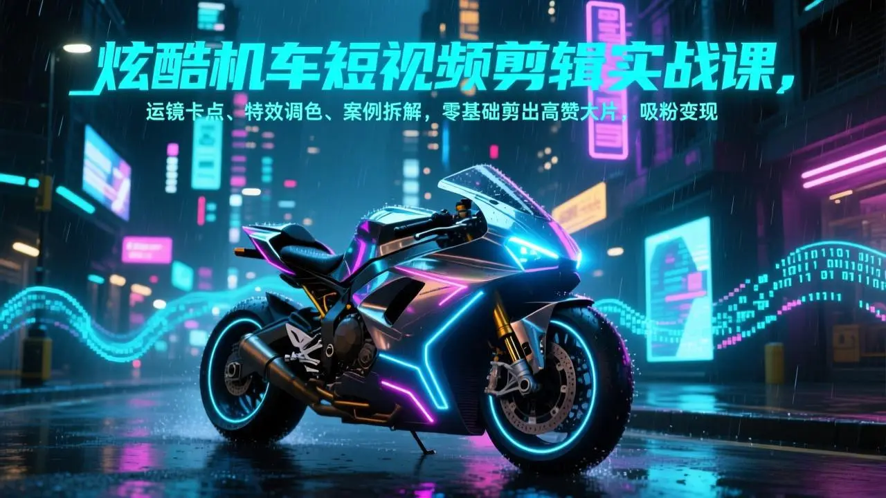 炫酷机车短视频剪辑实战课，运镜卡点、特效调色、案例拆解，零基础剪出高赞大片，吸粉变现-知峰研习社