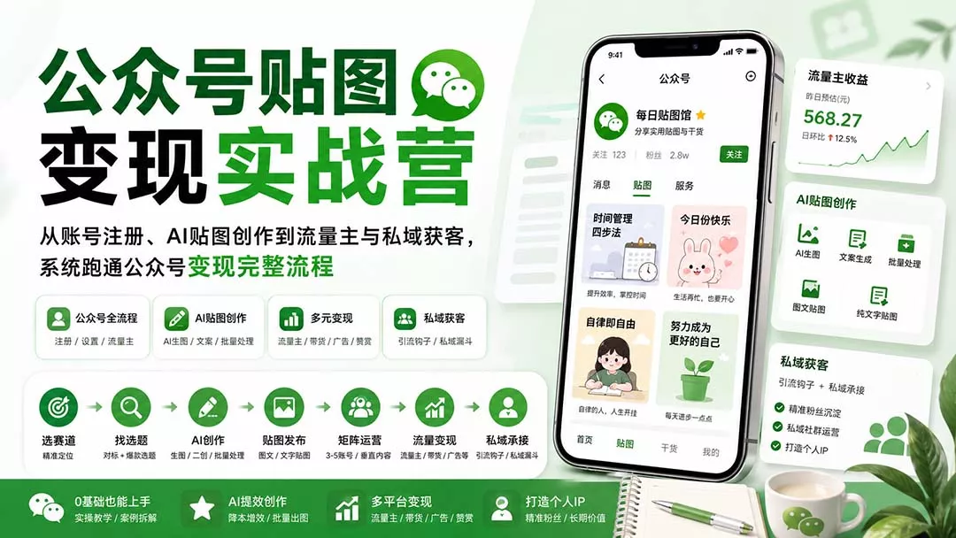 公众号贴图变现实战营：从账号注册、AI贴图创作到流量主与私域获客，系统跑通公众号变现完整流程-知峰社