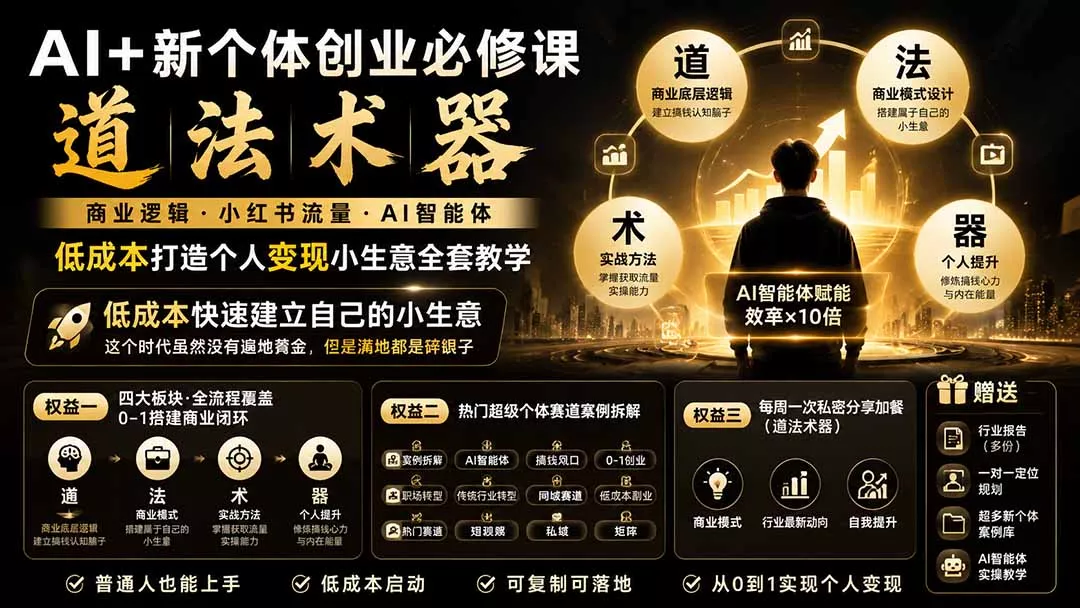 AI+新个体创业必修课｜道法术器｜商业逻辑·小红书流量·AI智能体｜低成本打造个人变现小生意全套教学-知峰社