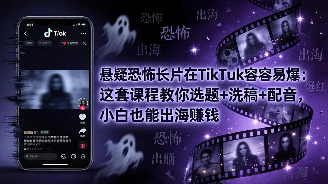 悬疑恐怖长片在TikTok最容易爆：这套课程教你选题+洗稿+配音，小白也能出海赚钱-知峰社