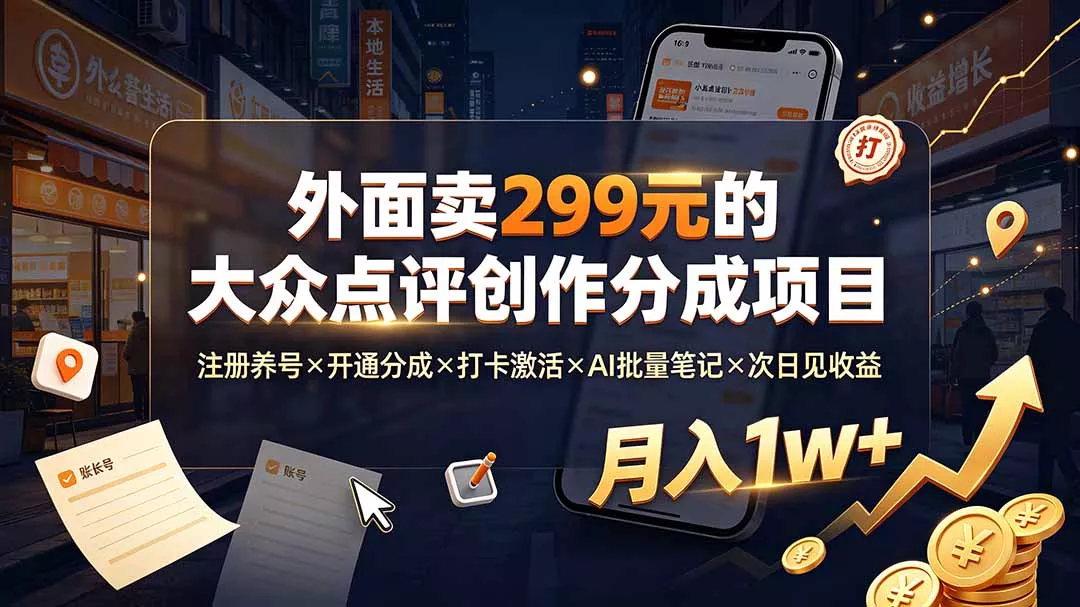 外面卖299元的大众点评创作分成项目：注册养号×开通分成×打卡激活×AI批量笔记×次日见收益，月入1w+-知峰社