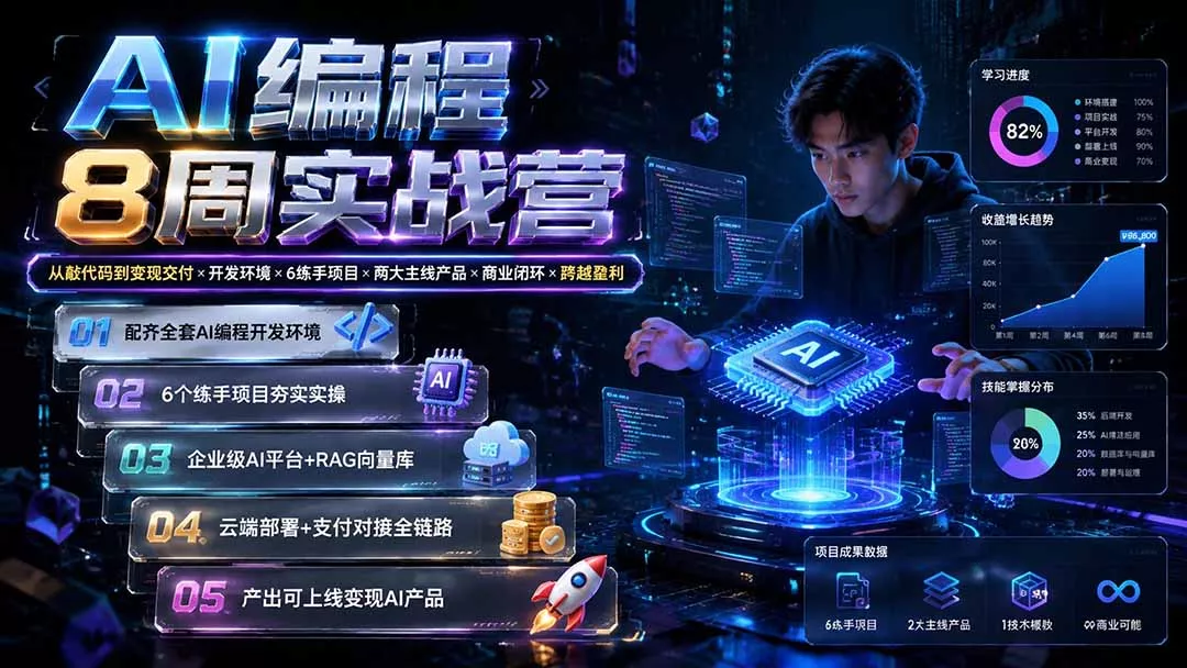 AI编程8周实战营:从敲代码到变现交付×开发环境×6练手项目×两大主线产品×商业闭环×跨越盈利-知峰社