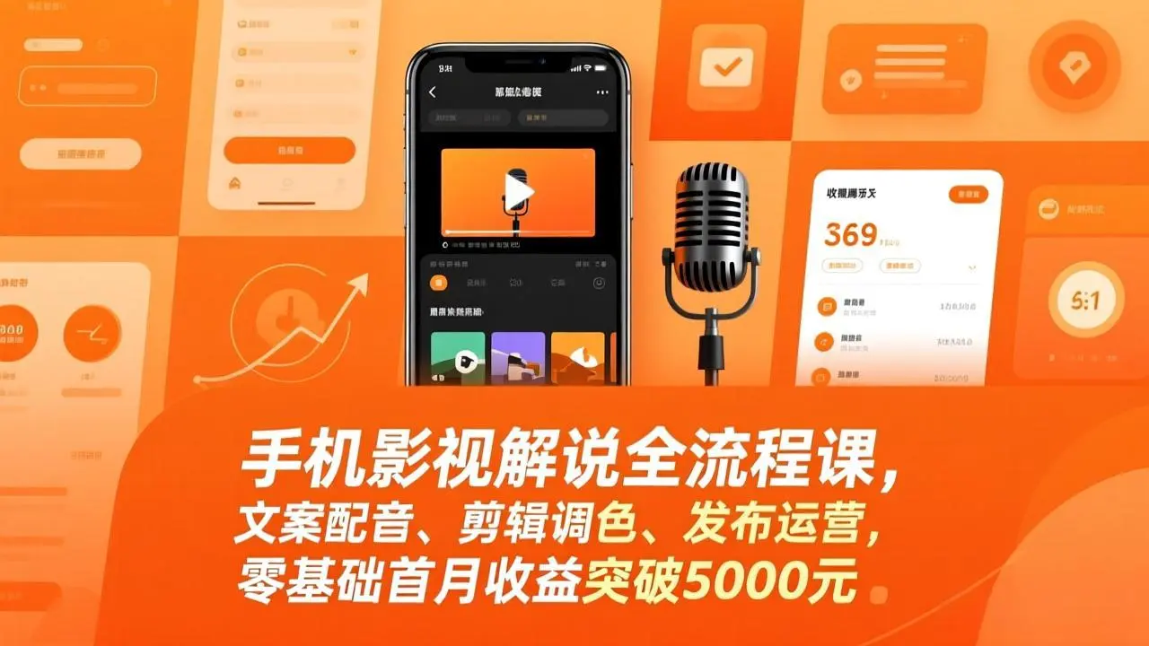 手机影视解说全流程课，文案配音、剪辑调色、发布运营，零基础首月收益突破5000元-知峰社