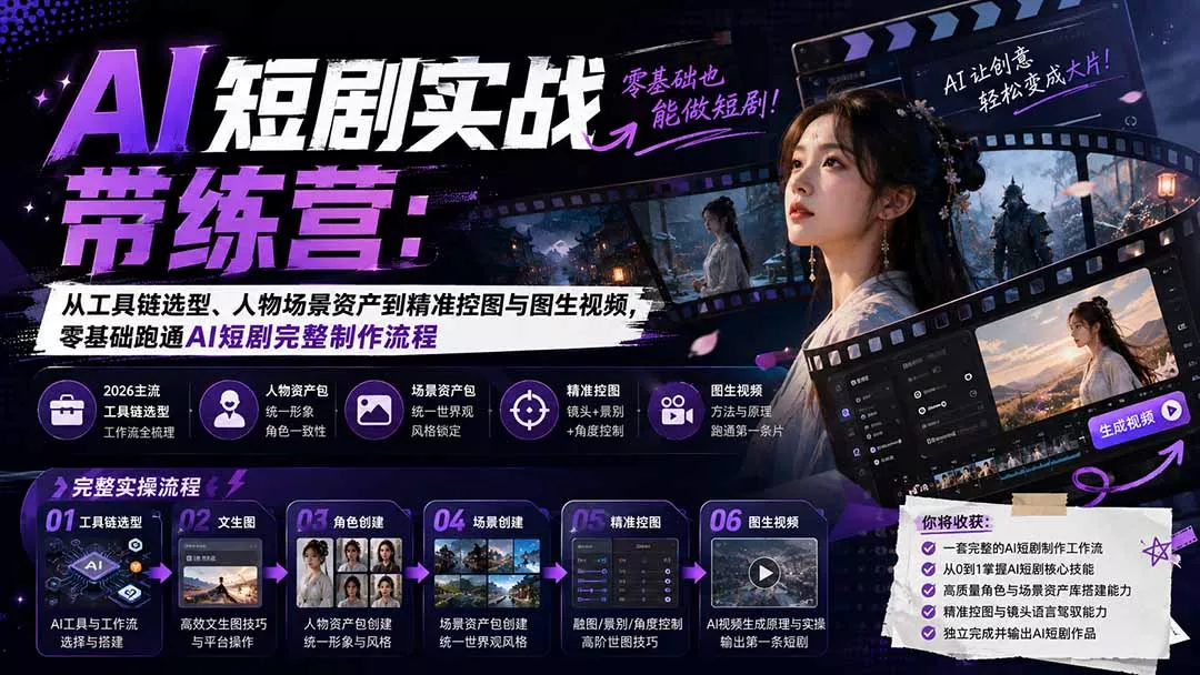 AI短剧实战训练营：从工具链选型、人物场景资产到精准控图与图生视频，零基础跑通AI短剧完整制作流程-知峰社